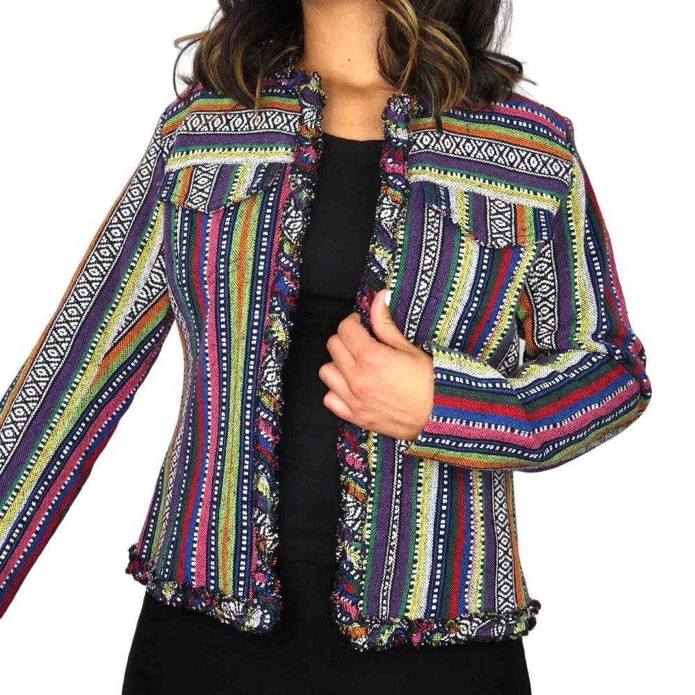 1990s Vintage Chico’s Rainbow Colorful Embroidered Boho Jacket Drug Rug Size 2